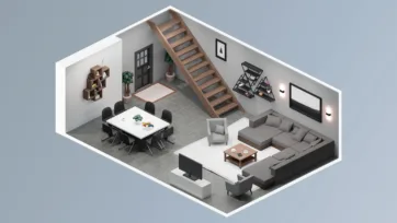 Two-story home 3d room model with wooden staircase, modern living room furniture, dining area and low poly interior models