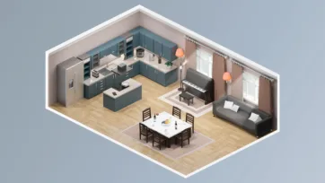 Kitchen dining room model kit featuring dark green cabinets, piano area, pendant lighting and coordinated living space design