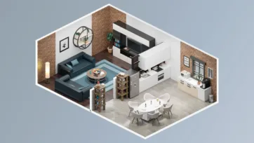 Contemporary loft realistic room blender scene with teal sectional sofa, exposed brick walls, open kitchen design and modern dining area