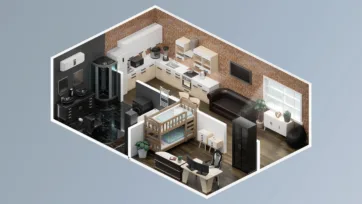 Family home unity interior assets showing kitchen with brick walls, children's bunk bed area, and open living space for interior decorating game
