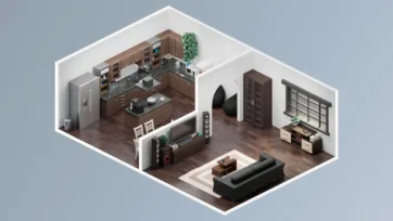 Modern apartment 3d room model with open plan kitchen, dining area, and realistic living room featuring granite countertops and dark wood flooring