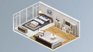 Master bedroom suite low poly interior featuring platform bed, built-in wardrobes and contemporary minimalist design