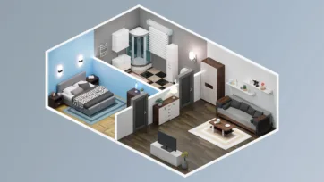 Compact studio apartment 3d room model showing bedroom, bathroom and living areas with efficient space utilization