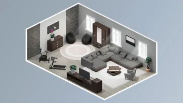 Family room realistic living room with large sectional sofa, exercise equipment, circular rug and neutral color scheme