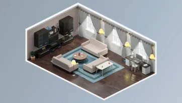 Luxury living room design for interior decorating game with cream furniture, teal accents and elegant window treatments