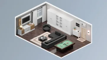 Entertainment room 3d model featuring pool table, sectional seating, built-in storage and dark wood flooring design