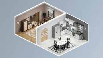 Kitchen and dining room 3d model with modern appliances, wooden cabinets and geometric floor patterns as unity interior assets