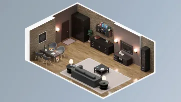 Modern apartment realistic room blender scene featuring open floor plan with living area, dining space and brick wall details