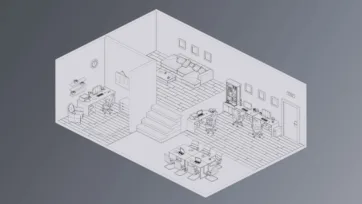 3D office layout wireframe model showing office room structure and furniture placement blueprint
