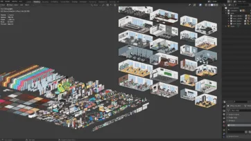 Complete 3d office collection in Blender showing low poly office models and furnished office room scenes