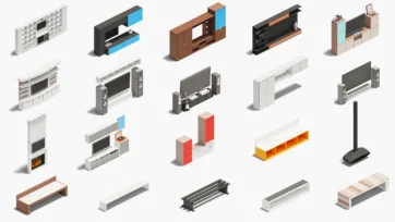 Entertainment and storage 3d model collection for Unity including TV units, shelving systems, and multimedia furniture for office spaces