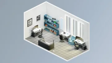 Small office workspace 3d model with efficient layout, modular storage solutions, and clean contemporary design
