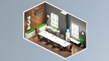 Corporate meeting room 3d office model with wooden accent wall, long conference table, and integrated planter elements