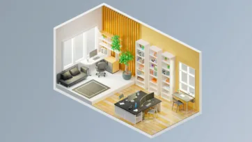 Home office library 3d model design combining workspace with extensive book storage, warm lighting, and comfortable seating area