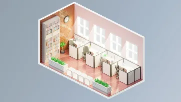 Cubicle workspace office 3d model for Unity featuring modular workstations, brick accent wall, and organized office layout
