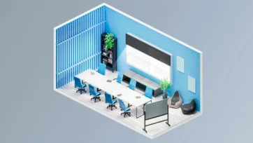 Modern conference room 3d office design with blue accent wall, large meeting table, presentation screen, and contemporary furniture