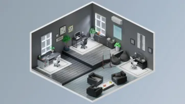 Multi-level executive office 3d model with elevated workspace, meeting area, and sophisticated gray interior design