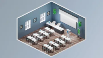 Classroom training room 3d office model with presentation screen, organized desk layout, and professional educational environment