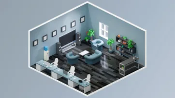 Modern office lounge 3d room design with comfortable seating area, entertainment center, conference table, and contemporary blue color scheme