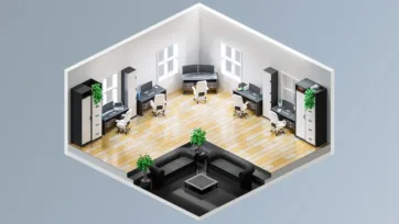 Executive office suite 3d model featuring individual workstations, central lounge area with sectional seating, and elegant wooden flooring design