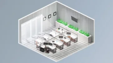 Minimalist low poly office models perfect for Unity projects with clean workstation layout and integrated planter elements