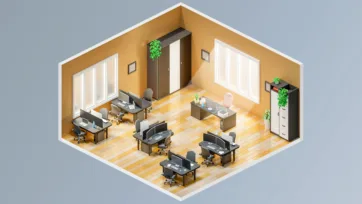 Warm-toned 3d office model workspace featuring multiple computer stations, storage solutions, and inviting orange interior design