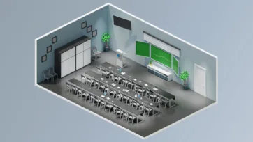 Lecture hall 3d office room model with tiered seating arrangement, presentation equipment, and professional green board setup