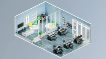 Collaborative workspace 3d office design with circular meeting area, individual workstations, and modern blue color scheme