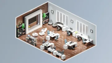 Contemporary open office 3d model suitable for Unity with modern workstations, comfortable seating areas, and stylish brick accent wall