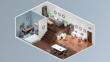 Multi-level corporate office 3d model featuring executive suite, open workspace, conference room, and integrated staircase design