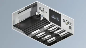 Training auditorium 3d office space with tiered seating, presentation stage, and motivational wall graphics