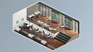 Luxury executive 3d office room with premium furniture, elegant lounge area, presentation space, and wooden flooring