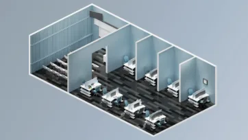 Modern coworking space office 3d model with individual workstations, private booths, and contemporary blue interior design