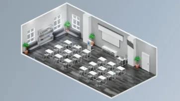 Professional conference and training room 3d office model featuring presentation area, modular seating arrangement, and comfortable lounge zone