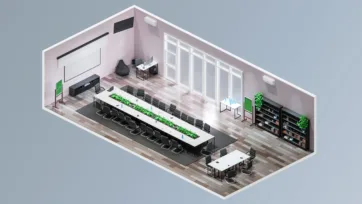 Executive conference room 3d office model with long table, integrated planters, and professional meeting space design