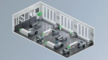 Modern open office 3d model interior featuring sleek design, comfortable seating areas, and contemporary workspace solutions
