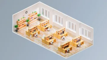 Large-scale office 3d model displaying organized workspace layout with modular furniture, storage solutions, and collaborative areas