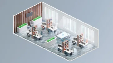 Detailed 3d office room model showing open workspace design with integrated planters, individual workstations, and natural lighting