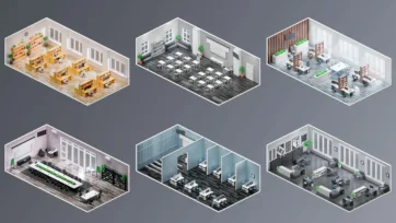 Isometric 3d office models featuring library spaces, computer labs, and modern educational workplace environments