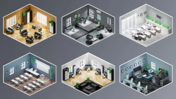Professional 3d office model interiors showcasing executive suites, conference rooms, and modern workplace environments