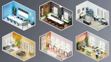 Six different 3d office room designs featuring contemporary workplace layouts with meeting spaces, collaborative areas, and modern furniture