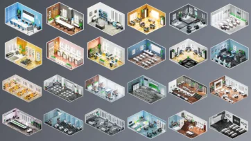 Collection of modern 3d office models in isometric view showing various workplace layouts including conference rooms, open workspaces, and meeting areas