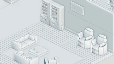 3D office layout wireframe model showing office room structure