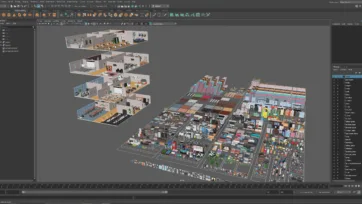 Maya professional workspace featuring office 3d model development with complete asset management for creating detailed architectural office unity environments