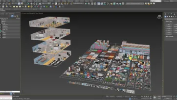 3ds Max professional modeling environment showcasing office 3d floor plan creation with comprehensive furniture and architectural asset libraries