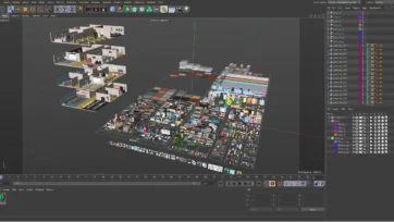 Cinema 4D professional workspace displaying office 3d scene setup with extensive asset collection for architectural visualization and office 3d model creation