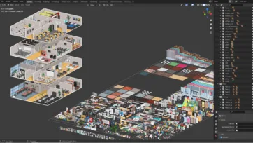 Professional Blender workspace showing complete office 3d model development with comprehensive asset library for creating detailed low poly office environments
