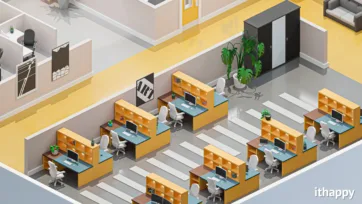 Organized open workspace featuring modular desk units with storage, ergonomic chairs and plants creating an efficient 3d office room environment