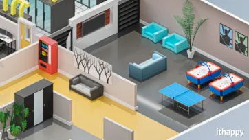 Modern office recreation area featuring air hockey tables, table tennis and comfortable lounge seating within a 3d office floor plan design