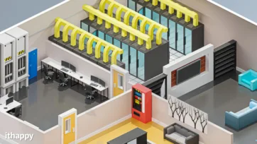 High-tech data center and server room within office 3d unity model, featuring industrial server racks, workstations and modern office infrastructure